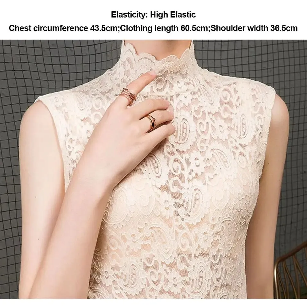 Débardeur Floral élégant à col mi-haut, t-shirt ajouré noir et blanc, gilet sans manches pour femmes et filles — image 7