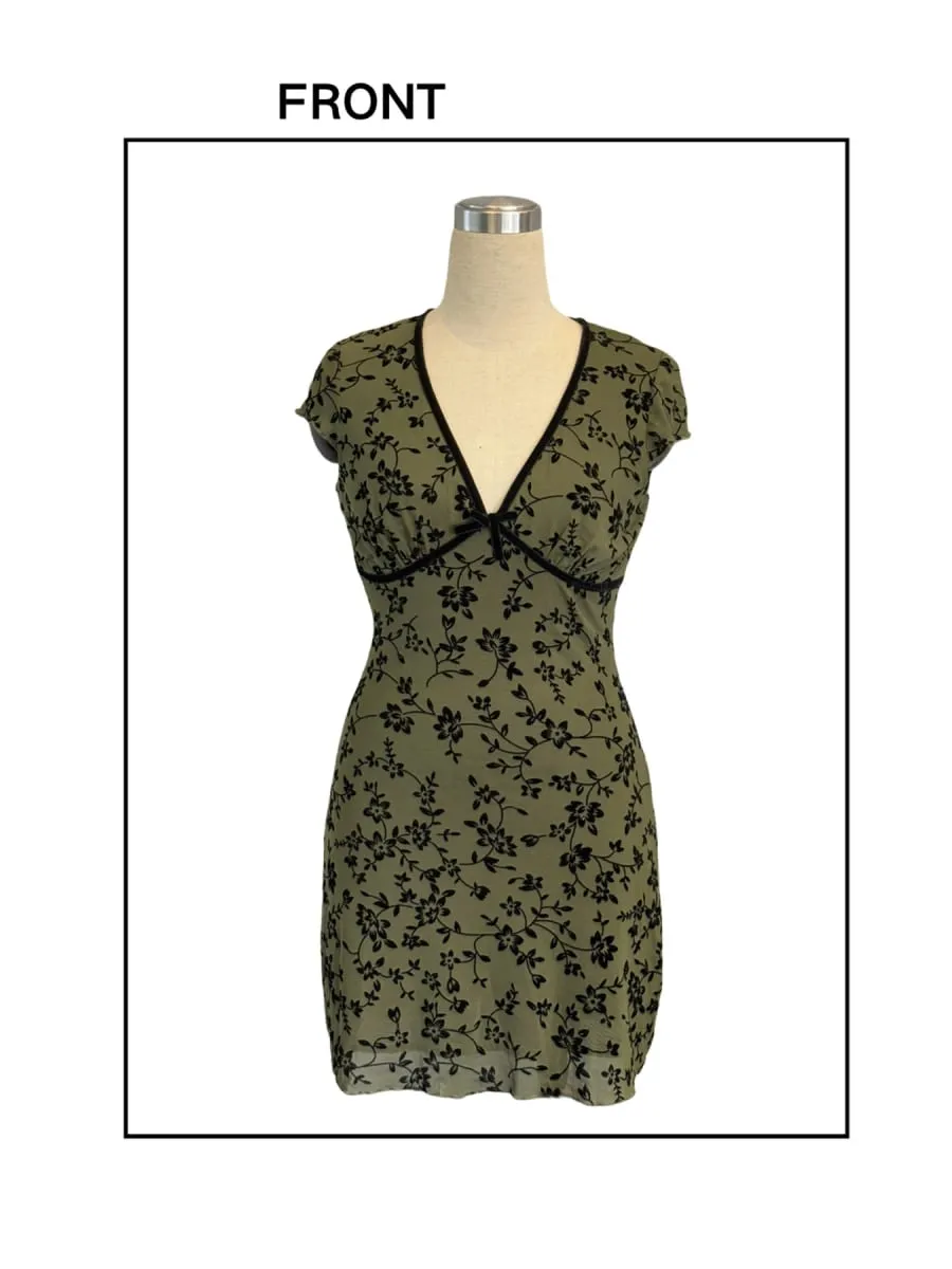 Summer 2026 Green Ditsy Flowers Dress Women Floral V-Neck Slim Waist A-line Mini Dress Sexy Dresses Short Sleeve Casual 64051 — image 3