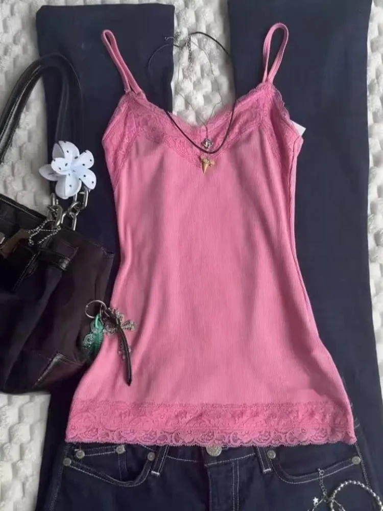 2000s Harajuku Vintage Hot Girl Slim Tanks Y2k American Retro Sexy Camis Summer Japanese Sweet Lacce Solid Sleeveless Tops Chic — image 1