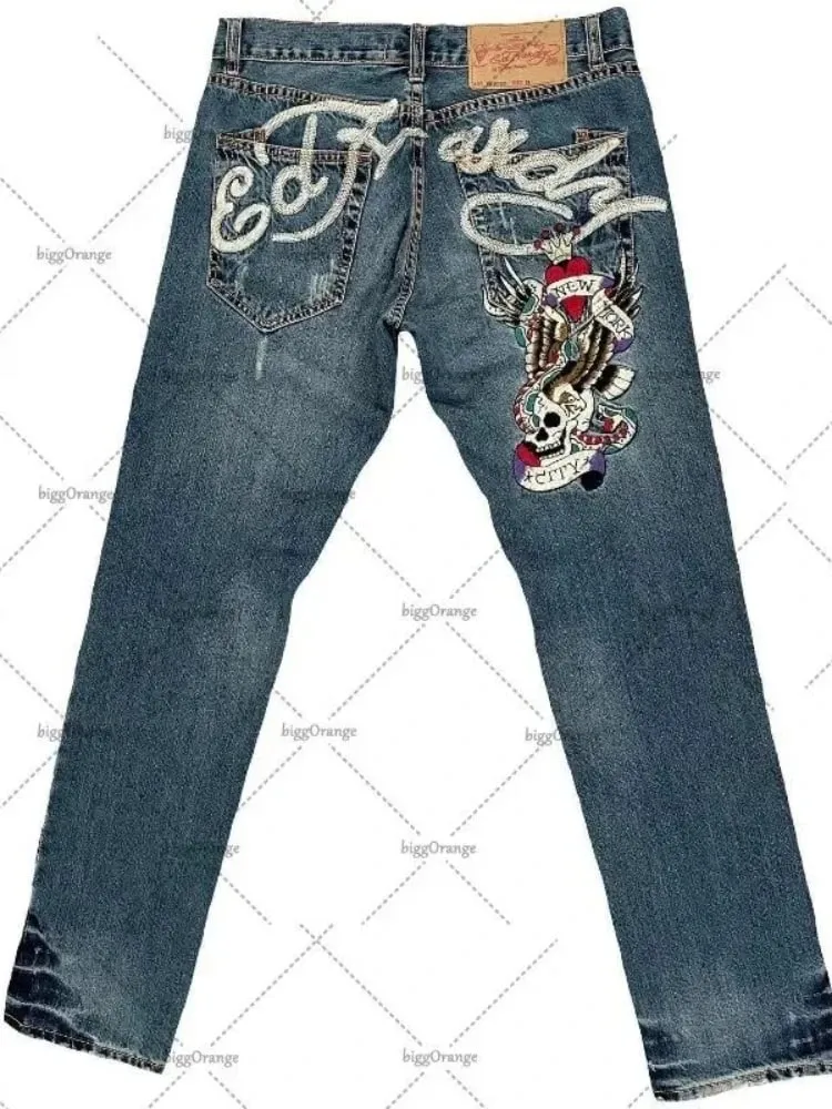 Mens Jeans Streetwear Y2K Vintage Straight Leg Denim Pants Skull Rose Flame Print Design Loose Fit Retro Punk Hip Hop Fashion — image 4