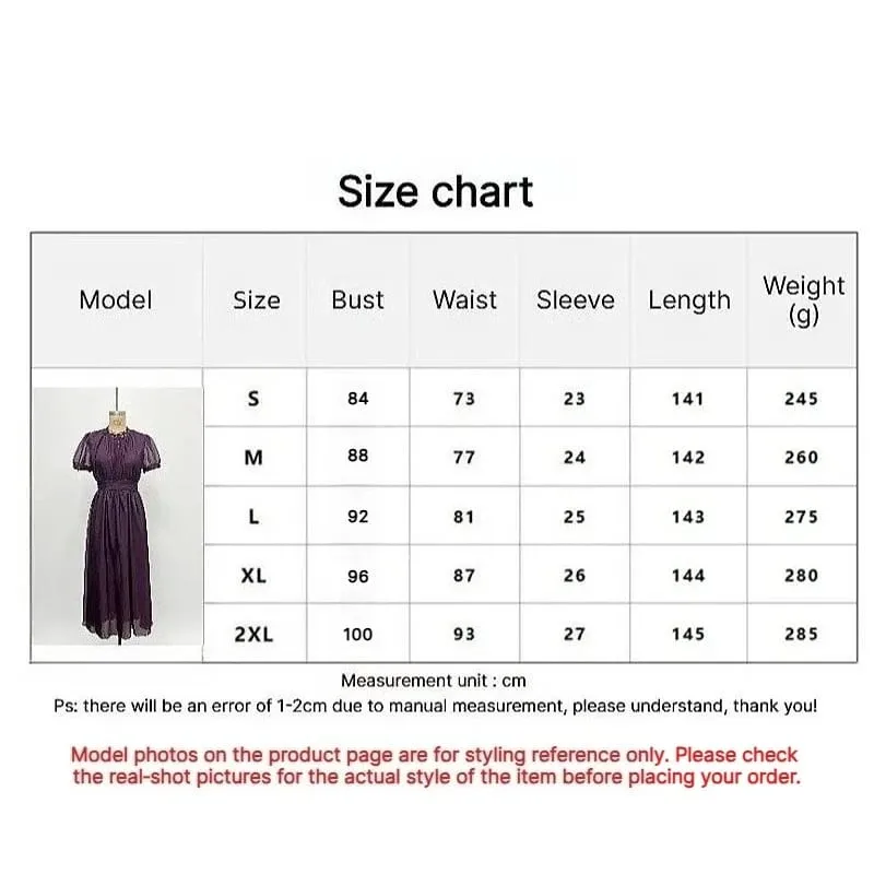 Elegant Chiffon Lace Trim Midi Dress Stand Collar Neck Puff Sleeve Cinched Waist Draped A Line Flowy Women's Casual Dresses — image 6