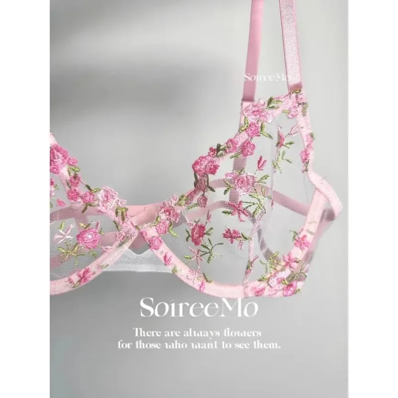 Kawaii Japanese Lingerie Set Sheer Tulle Pink Floral Embroidery Bra Bralette sek-si Pure Matching Set BANERDANNI Tushy Bras