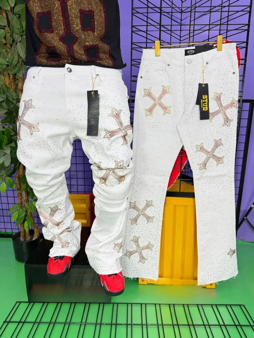 Cross Pattern Design White Flash Fashionable Element Baggy Denim Pants Daily Commute Necessary Minimalism Straight Leg Jeans — image 4