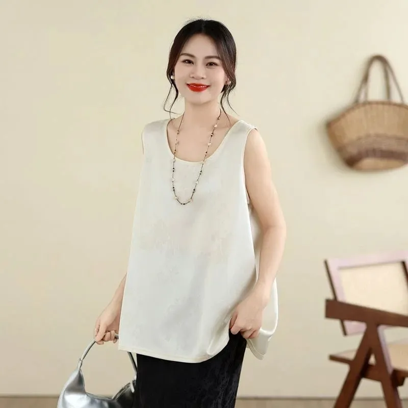 New Chinese Style Jacquard Satin Tank Top Middle Aged Women Loose U Neck Sleeveless Blouse Elegant Acetate Vest For Moms — image 6