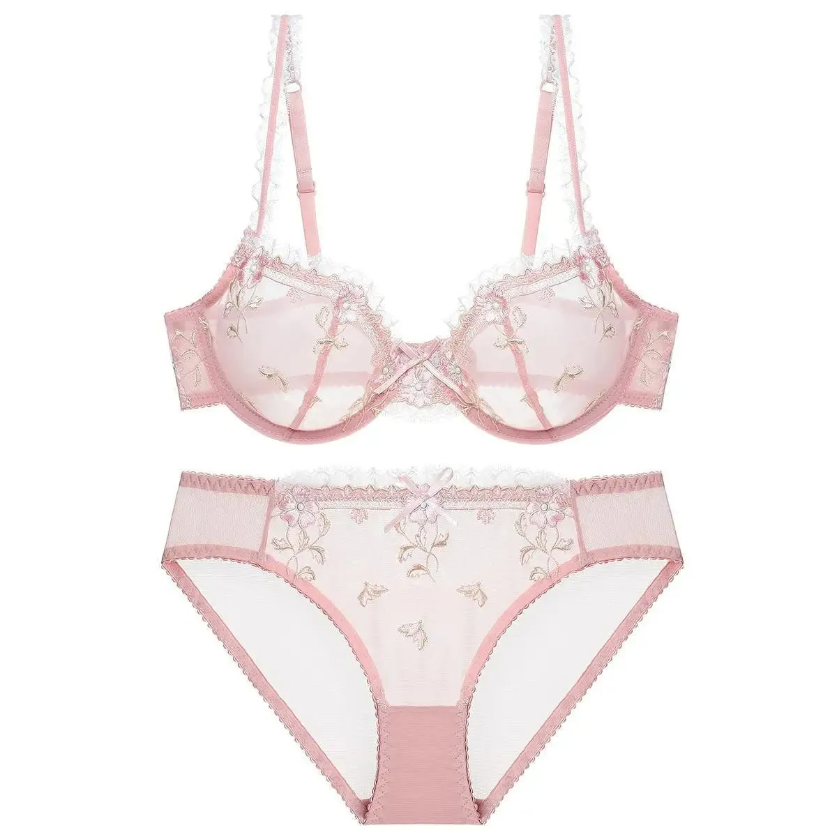 Floral Embroidery Sheer Mesh Lingerie Set Women Underwire Bra Panty Set Romantic Lace Intimate Sleepwear For Dating Night
