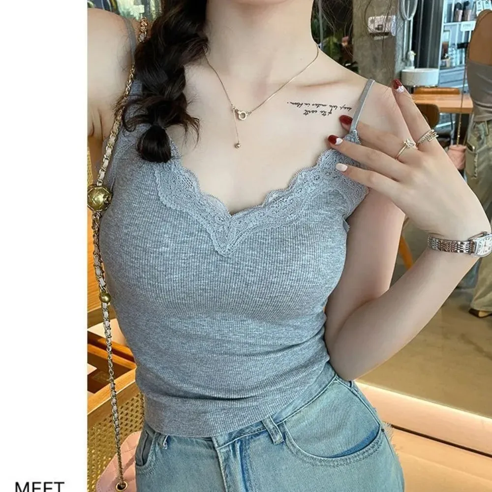 High Quality Fashion Breathable Lace Camisole Strap Bra Solid Color Summer Top Sexy Style Wire-Free Crop Top — image 3