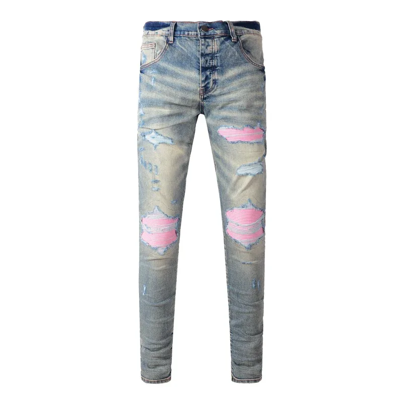 Fashionable New Men's Retro Blue Jeans With Pleated Elastic Perforated Blue Leather Patch Tight Tapered Pants Y2K — image 9
