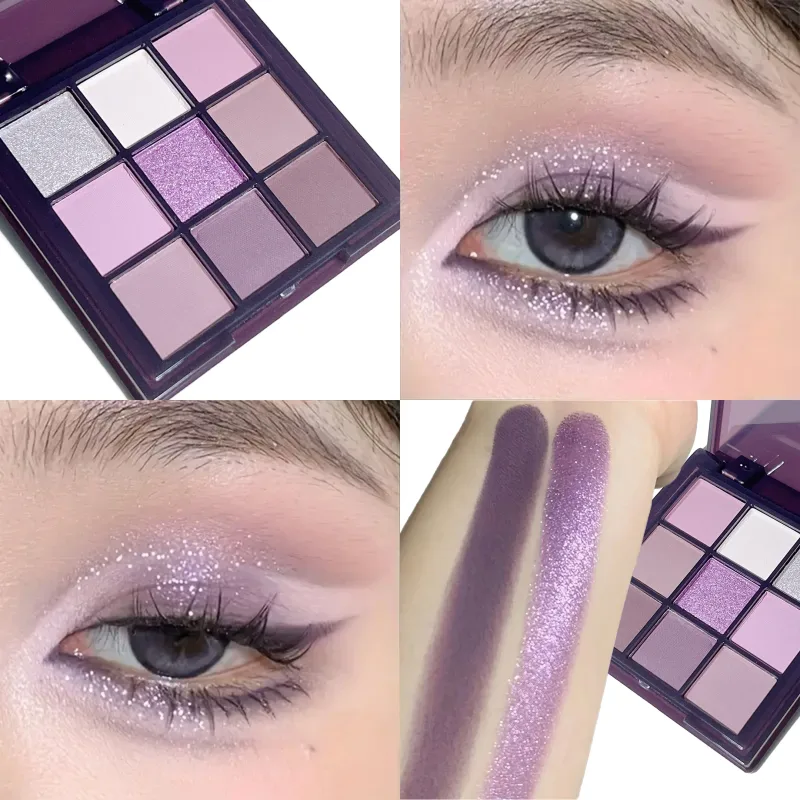 Paleta de sombras de ojos, nueve tonos de ahumado mate nacarado, fino brillo morado oscuro, maquillaje asequible