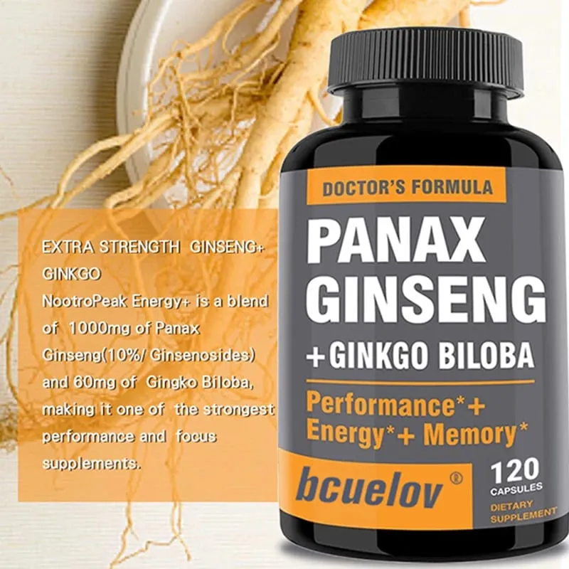 Ginseng + Ginkgo Biloba Supplement Boosts Energy Focus Supports Cognitive Athletic Performance & Heart Health 120 Caps