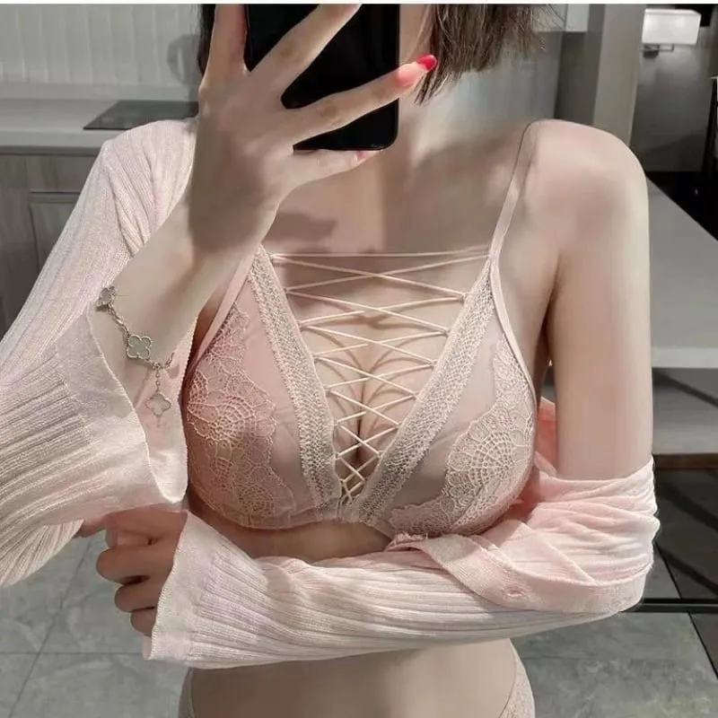 French Sexy Lingerie Set Soft Underwire Push Up Bra for Small Chest Deep Gather Lace Up Cutout Pure Look CA MOYISU Sexy Tushy — image 4