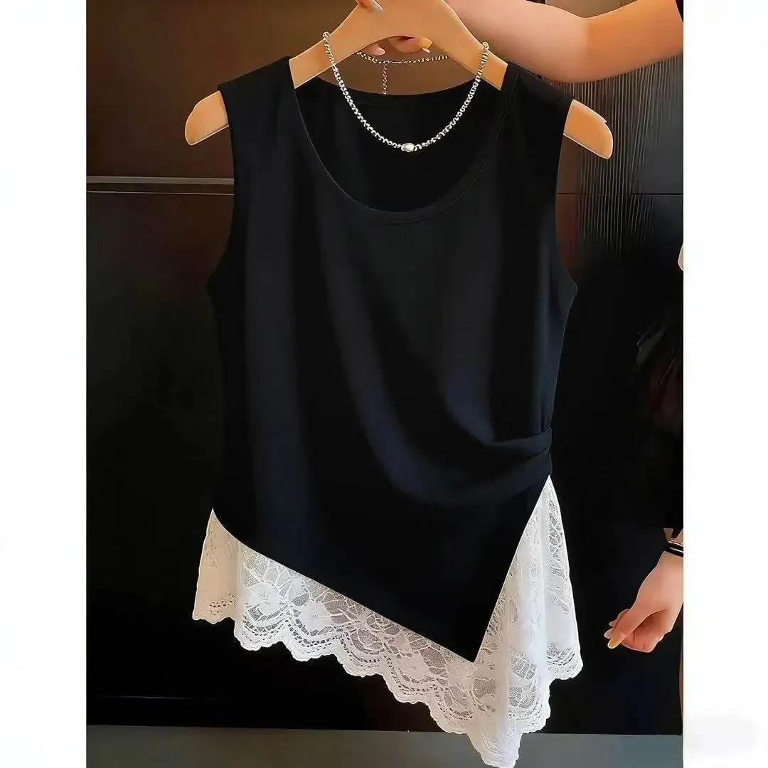 Spring and summer large-size women's clothing new commuter wind pleated design sense lace lace splicing irregular vest — image 9