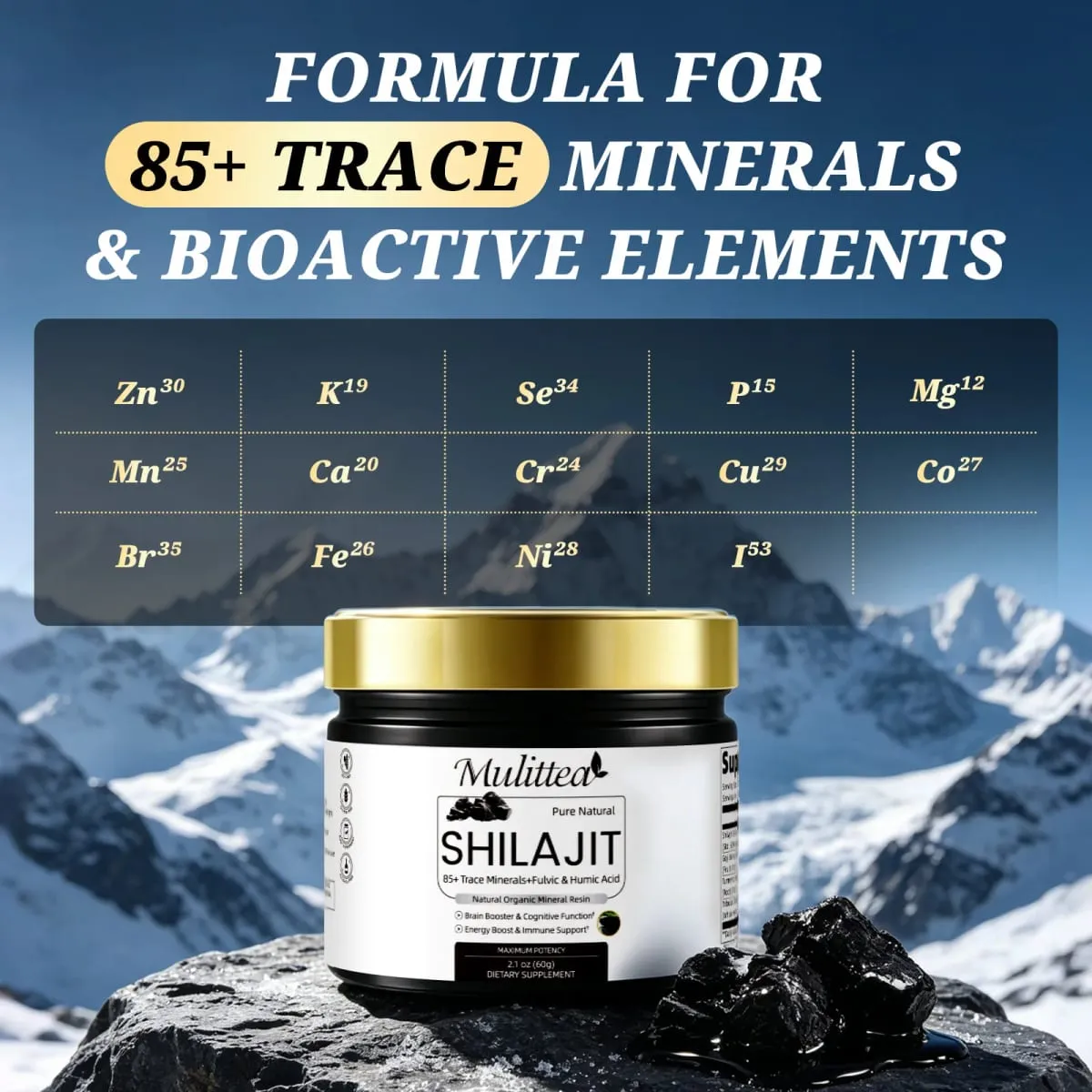 Mulittea ผลิตภัณฑ์เสริมอาหารแร่ Shilajit ดั้งเดิมที่มีความบริสุทธิ์สูงพร้อมแร่ธาตุติดตาม 85+ และกรดฟุลวิคสำหรับความแข็งแกร่งของมนุษย์ — image 2