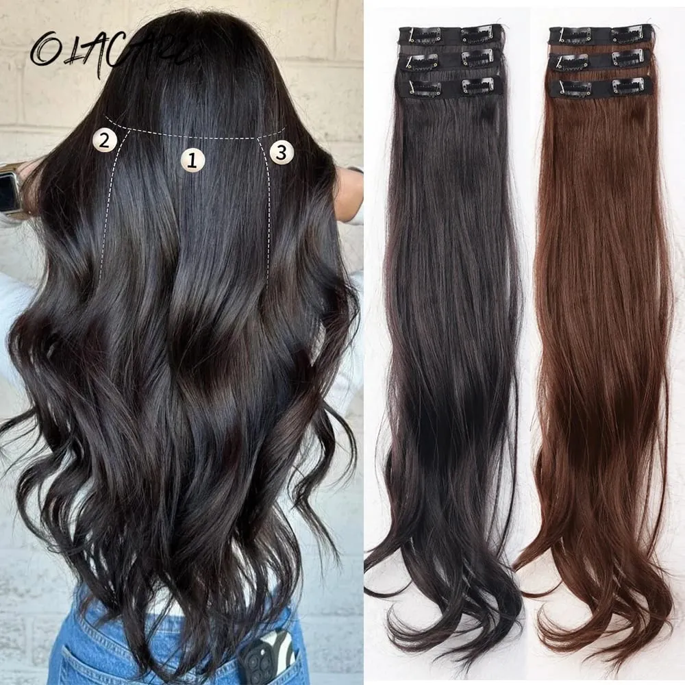3PCS 24Inch Synthetic Long Curly Wavy Clip In Hair Extension Lightweight Black Brown Hair Accessories Invisible Women Daily — image 2
