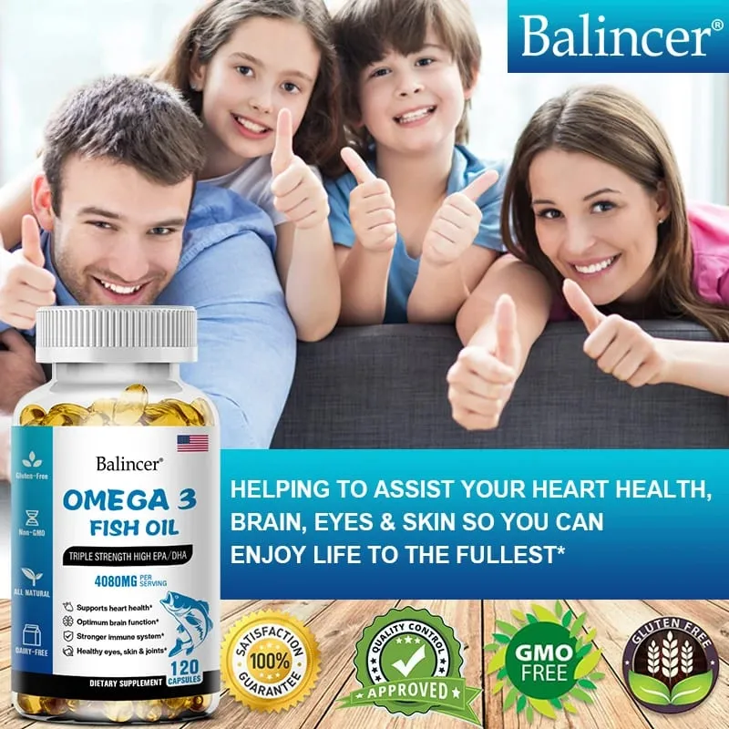 Balincer Wild Caught Omega 3 Capsule molli di olio di pesce - Tripla potenza EPA elevato 1200 mg DHA 900 mg Integratore alimentare senza glutine non OGM — image 4