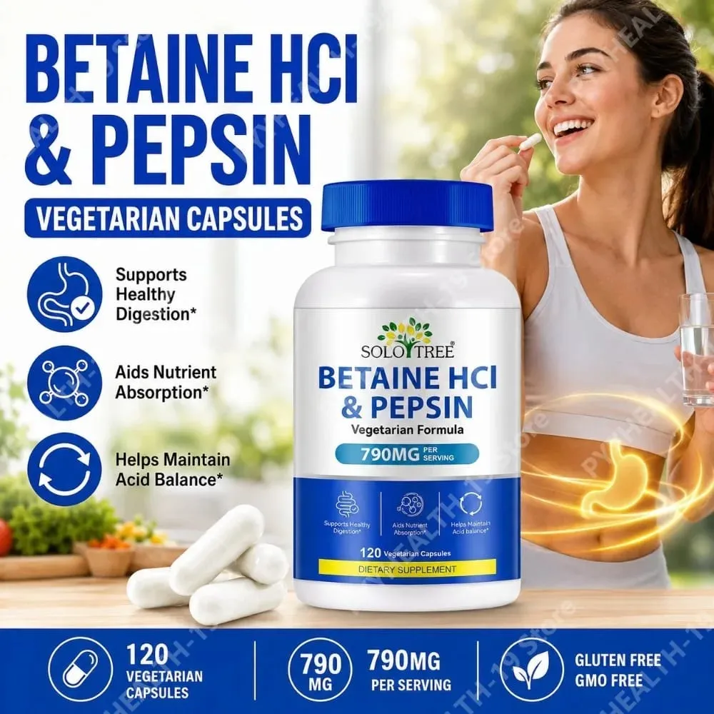 Betaine HCl Pepsin Capsules 790mg Vegetarian For Digestive Acid Balance & Nutrient Absorption Support Adult 120 Count — image 1