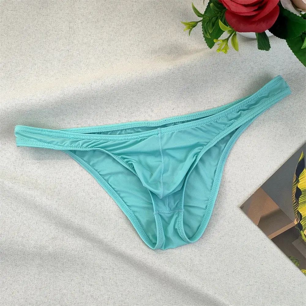 Men's Ultra-low Waist Bugle Pouch Bikini Briefs Sexy Tight Transparent Underwear Male Ice Silk Ultra-thin Underpants Plus Size