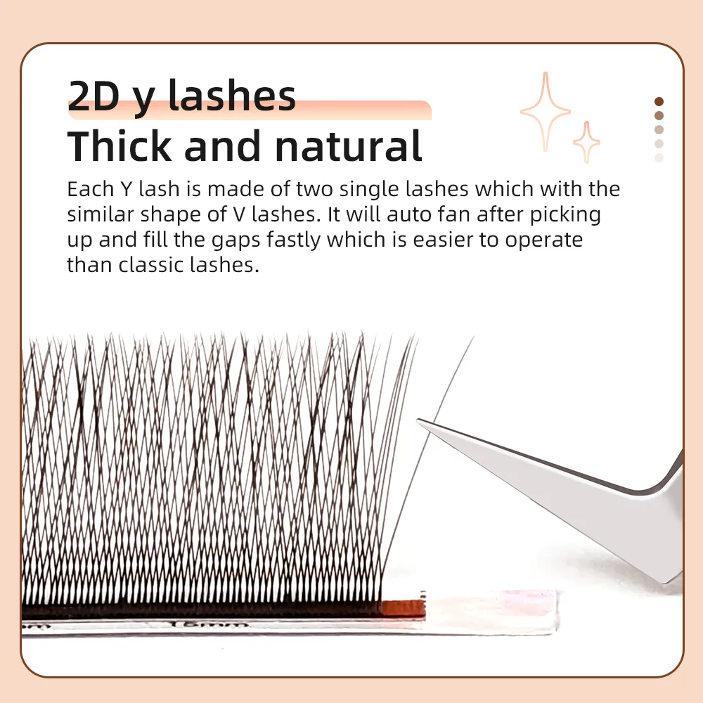 Yelix Brown 2D Y Premade oční řasy Prodlužování řas s jednou špičkou Přirozené Husté Měkké Bez uvolnění Kořen Snadné Fan Salon Lash Cilios Y