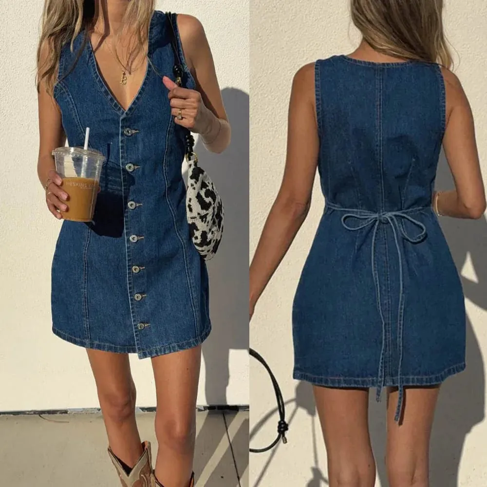 Denim Dress Women Mid Length Dresses Vest Vestidos Y2k Streetwear Elegant Splice Party Night Work V Neck Sleeveless Tight Waist — image 2