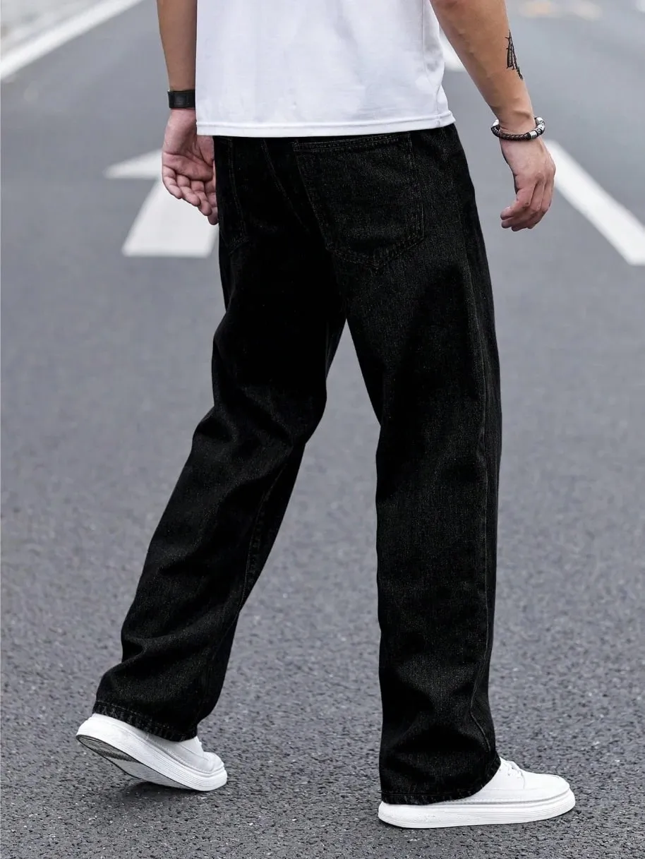 Men's Durable Black Relaxed-Fit Jeans Mid-Waist Comfort Street Style Essential Urban Pants