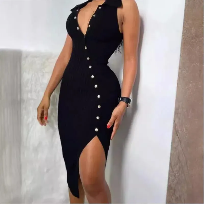 Sleeveless Dress Vestidos Dresses 2025 Woman Vestido Feminino Slim Simple Style All-match Slit Button Solid Color Sexy Commuting — image 4