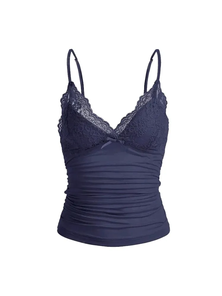 セクシーなコントラストレースの弓フロントクロップキャミトップ女性 2026 夏グランジパンク Y2K 服シャーリングスキニー背中の開いた Tシャツ — image 4