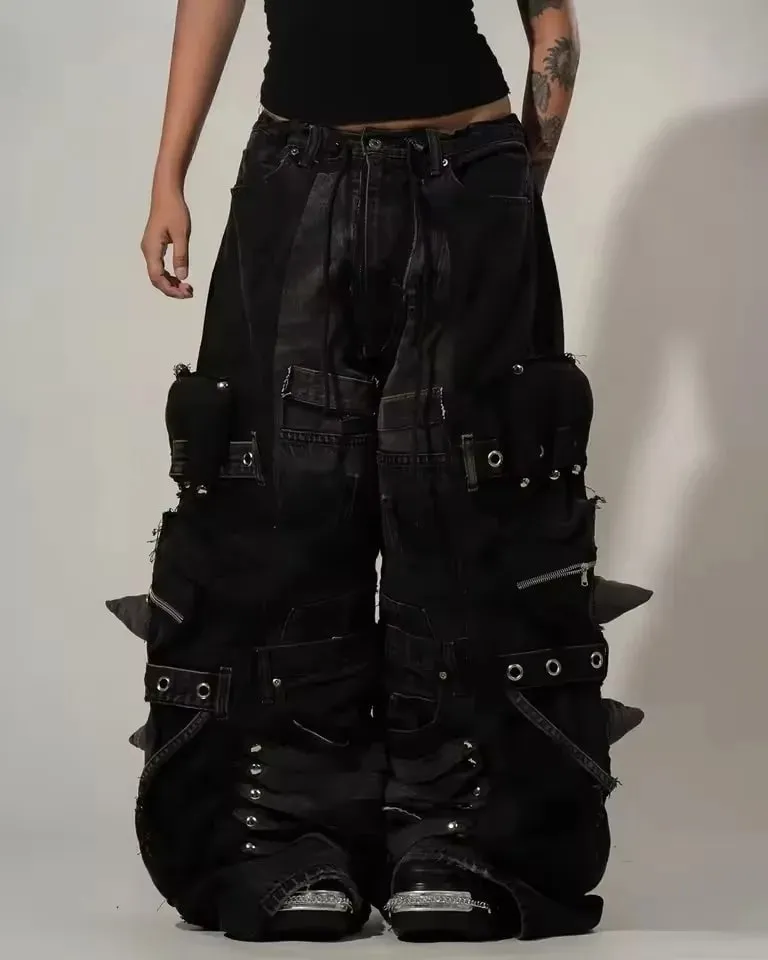 Streetwear Casual Black Cargo Jeans Men Heavy Buckle Strap Stud Zip Pocket Distressed Oversized Wide Leg Fashion Pants Y2K — image 5