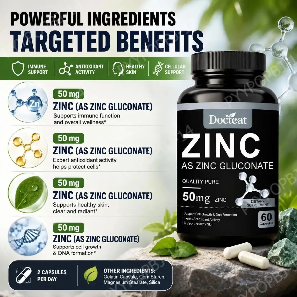 Docteat Zinc As Zinc Gluconate Capsules 50 Mg Zinc Per Serving Immune Support Antioxidant Activity Healthy Skin 60 Capsules — image 5
