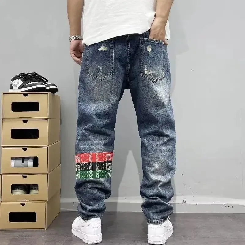 Spring and Autumn New Fashion Trend Ripped Straight Leg Elastic Jeans For Men's Casual Loose Retro Sports High-end Jeans 28-36