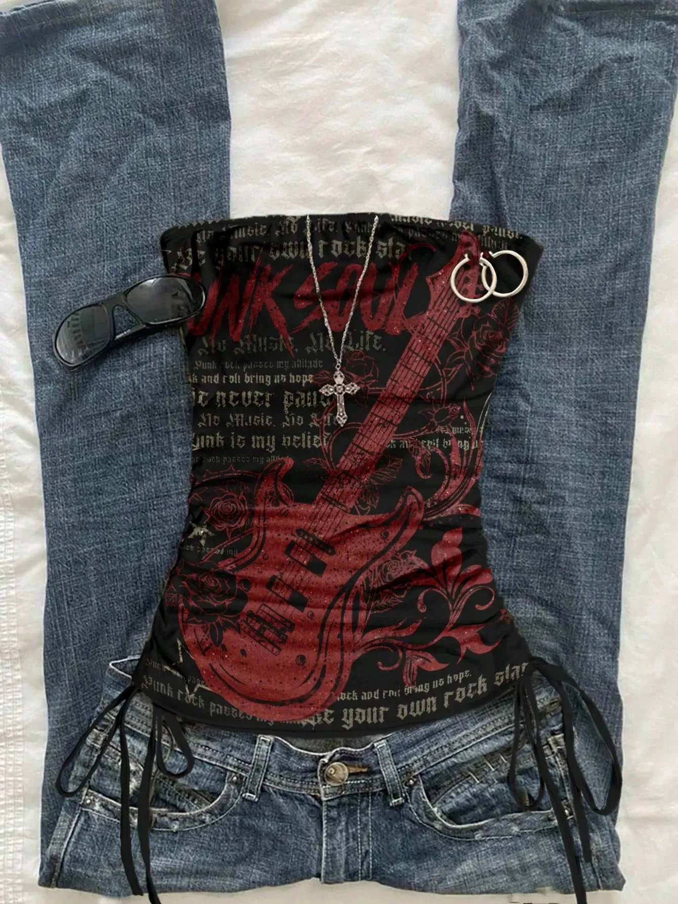 Women's Casual Retro Drawstring Front Cut Vest Suitable for Y2K and Guitar Prints in Spring and Summer — image 2
