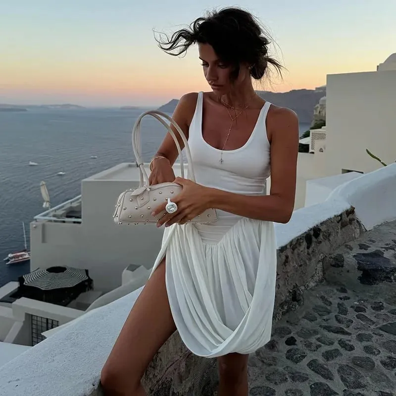 Ærmeløs Plisseret Minikjole Kvinder Sexet Rygløs Draperet Tanks Kjoler Basic Uregelmæssig Firkantet Krave Fest Ruched Clubwear