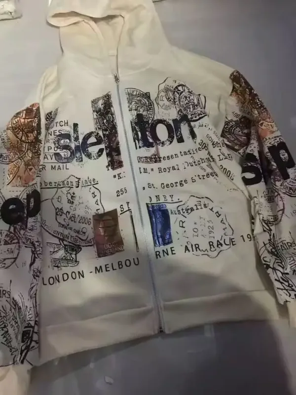 Sweat-shirt à capuche avec fermeture éclair pour homme et femme, imprimé abricot, lettres de dessin animé, mode multifonctionnel rétro Y2K High Street