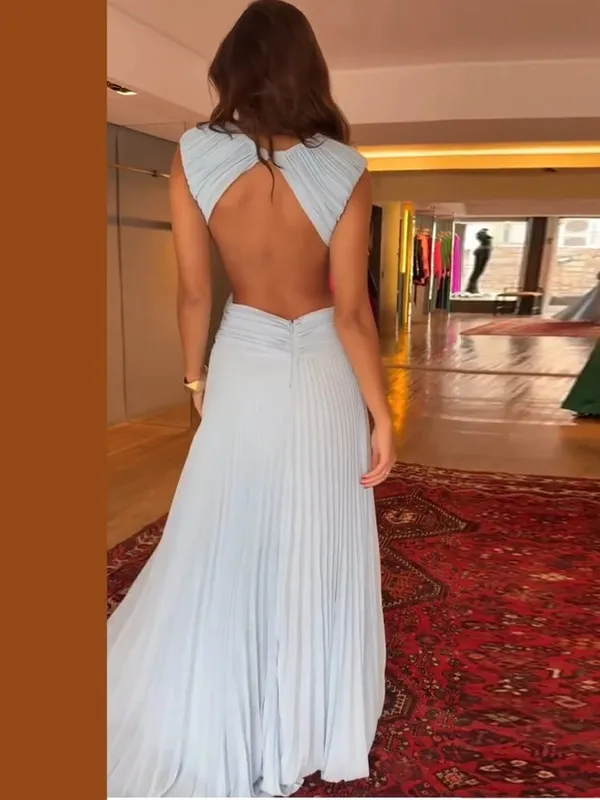 Hollow-out Pleated Maxi Dresses Women's Sleeveless Backless Waist-cinching O-neck Dress 2026 New Ladies Summer Vacation Outfit — image 3