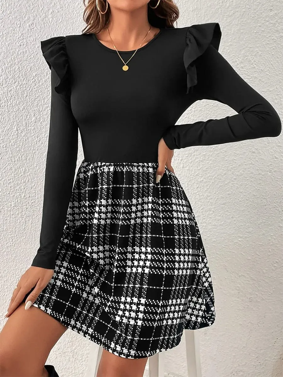 Women Fashion Plaid Patchwork Ruffle Shoulder Long Sleeve High Waist Slim Fit O-Neck Elegant Ladies Mini Dress for Summer&Autumn
