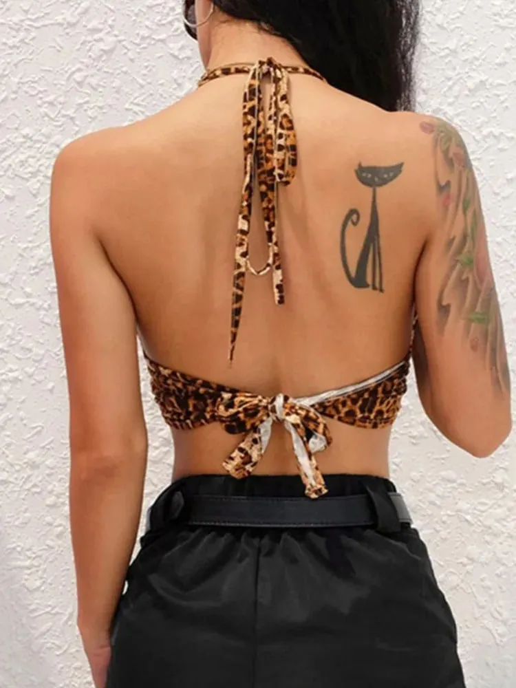 Leopard Printed Sexy Halter Crop Top Women Camis Backless Bandage Lace Up Sequins Metal Ring Tank Top 2023 Party Club Bustier — image 4