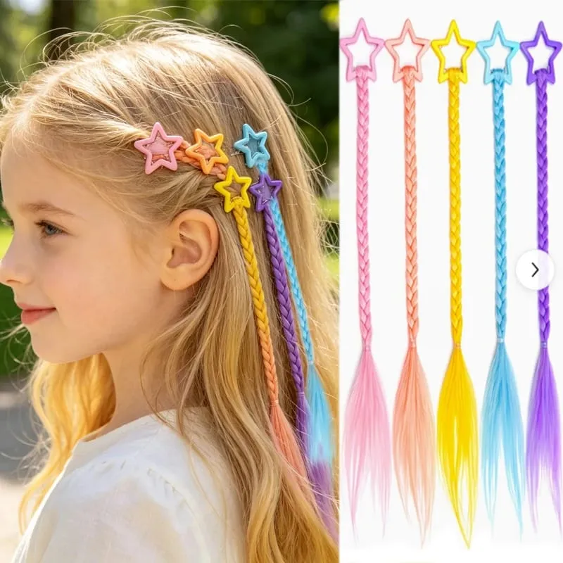 Rainbow Synthetic Braided Hair Pieces 5Pc Color Star Hair Clips DIY Hair Accessories For Halloween Birthday Music Festival Party