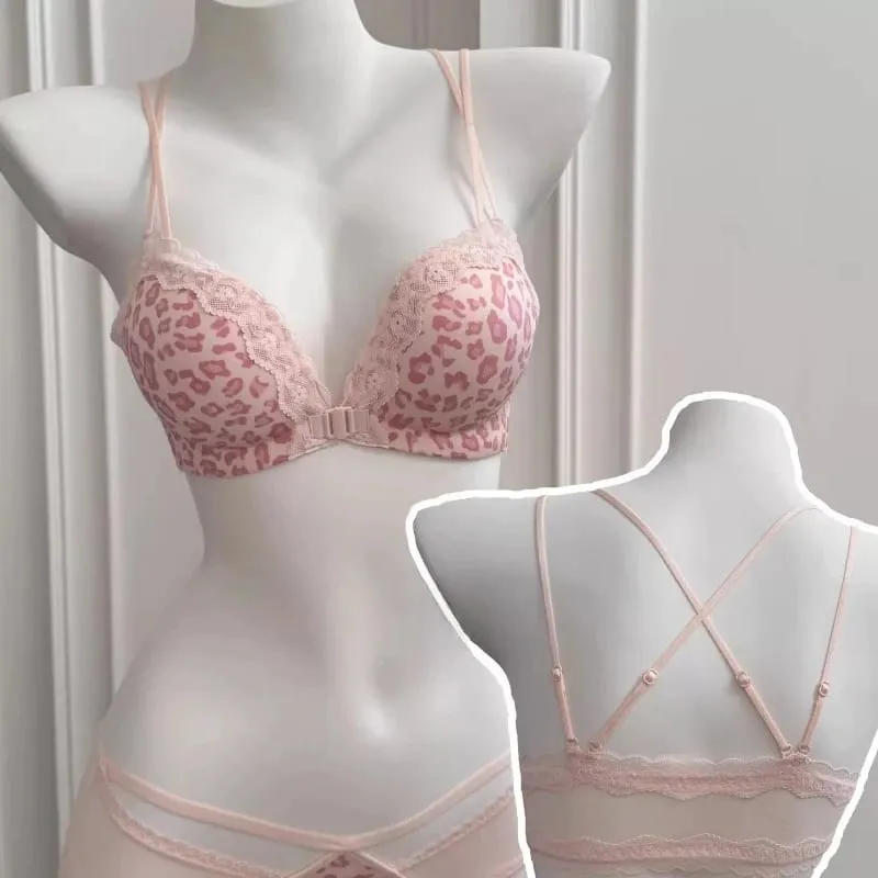 Victoria Style MOYISU Pink Leopard Wireless Bra Set Front Hook Design Push Up Bralette Sexy Back Lingerie To Boost Small Bust
