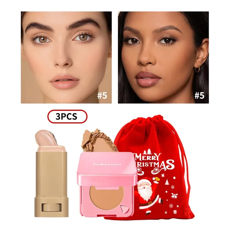 3 uds base en barra, polvo compacto para la cara con bolsa con cordón de Navidad, cosmético facial mate de larga duración, regalo de Navidad — image 11