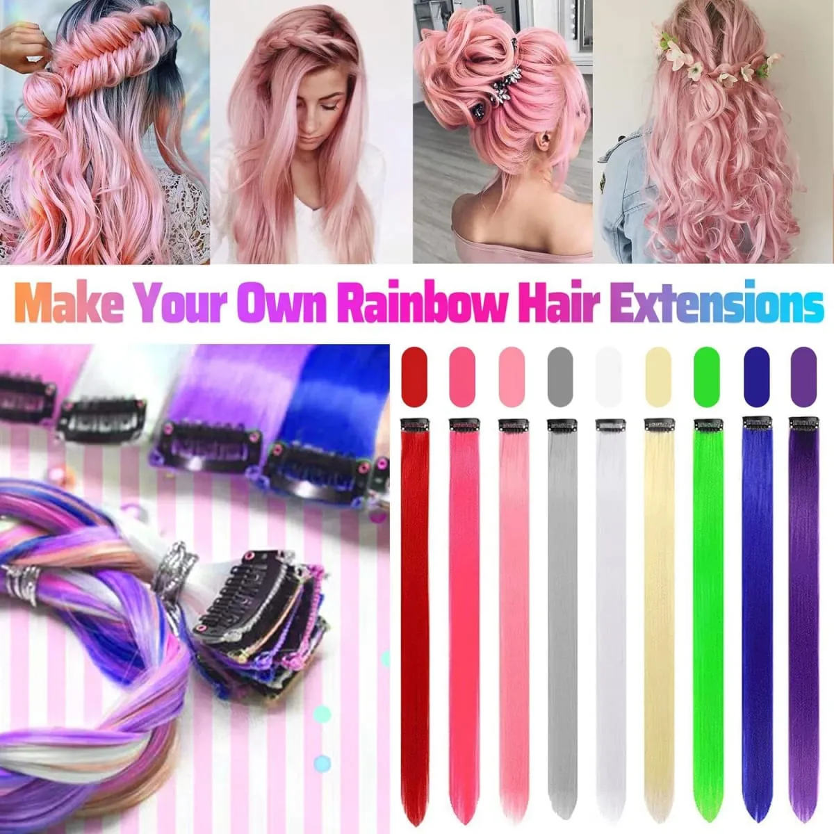 6 Pcs Clip Ins Hair Extensions 22 Inch Straight Colorful Clip In Hair Extensions Rainbow Party Highlights Synthetic Hairpiece — image 6