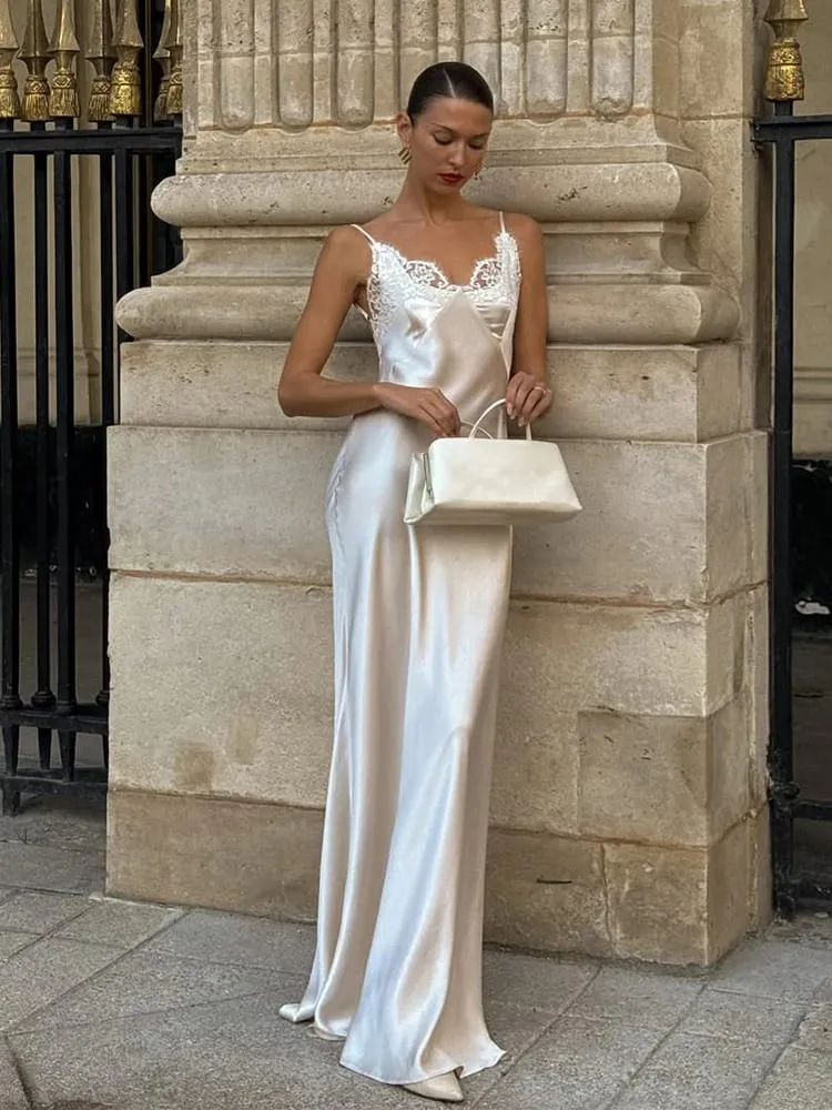 Women V-neck Satin Sling Maxi Dress Sexy White Lace Patchwork Sleeveless Backless Slim Gowns 2026 Evening Party Chic Dresses New — image 4
