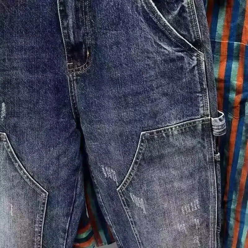 Pesado na moda 2025 marca de ferramentas jeans multi-bolso tendência masculina solta retro pequenos pés harlan retalhos carga calças retas — image 4