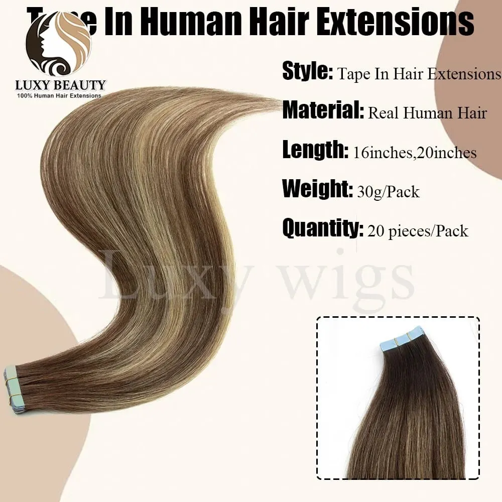Highlights Brown Tape in Hair Extensions Human Hair Straight Black Blonde Seamless PU Skin Weft Tape In Hair Extensions 20PCS — image 4