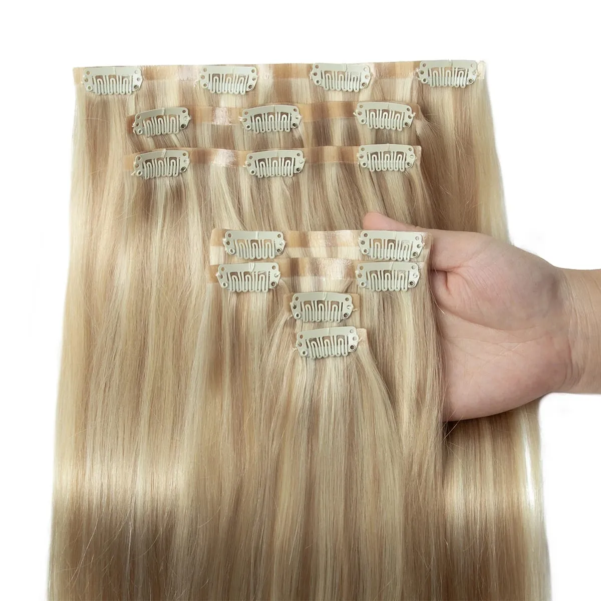 PU ไม่มีรอยต่อคลิปในส่วนขยายของผมธรรมชาติที่มองไม่เห็น PU เทป Weft คลิป Ins เครื่อง Remy 12-24 นิ้วคลิปที่มองไม่เห็น Ins 7PCS — image 1