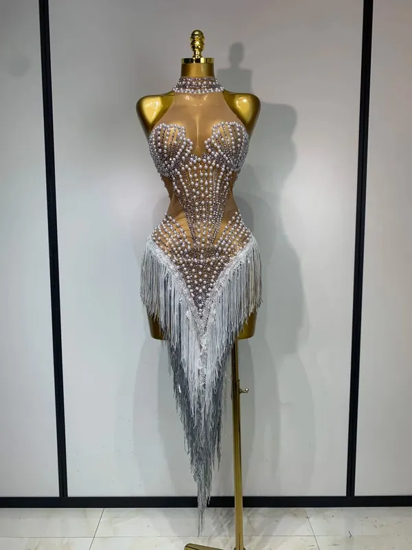 Costume di scena sexy scintillante strass maglia trasparente paillettes nappa sera festa di compleanno discoteca danza cantante vestito