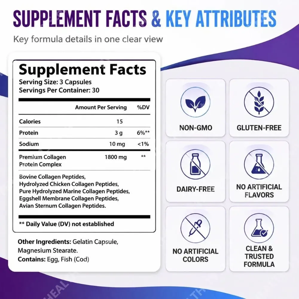 Collagen Peptides Capsules with 5 Types of Collagen for Joints Bones Skin Hair & Nails Wellness Support Adults 90 Capsules — image 3