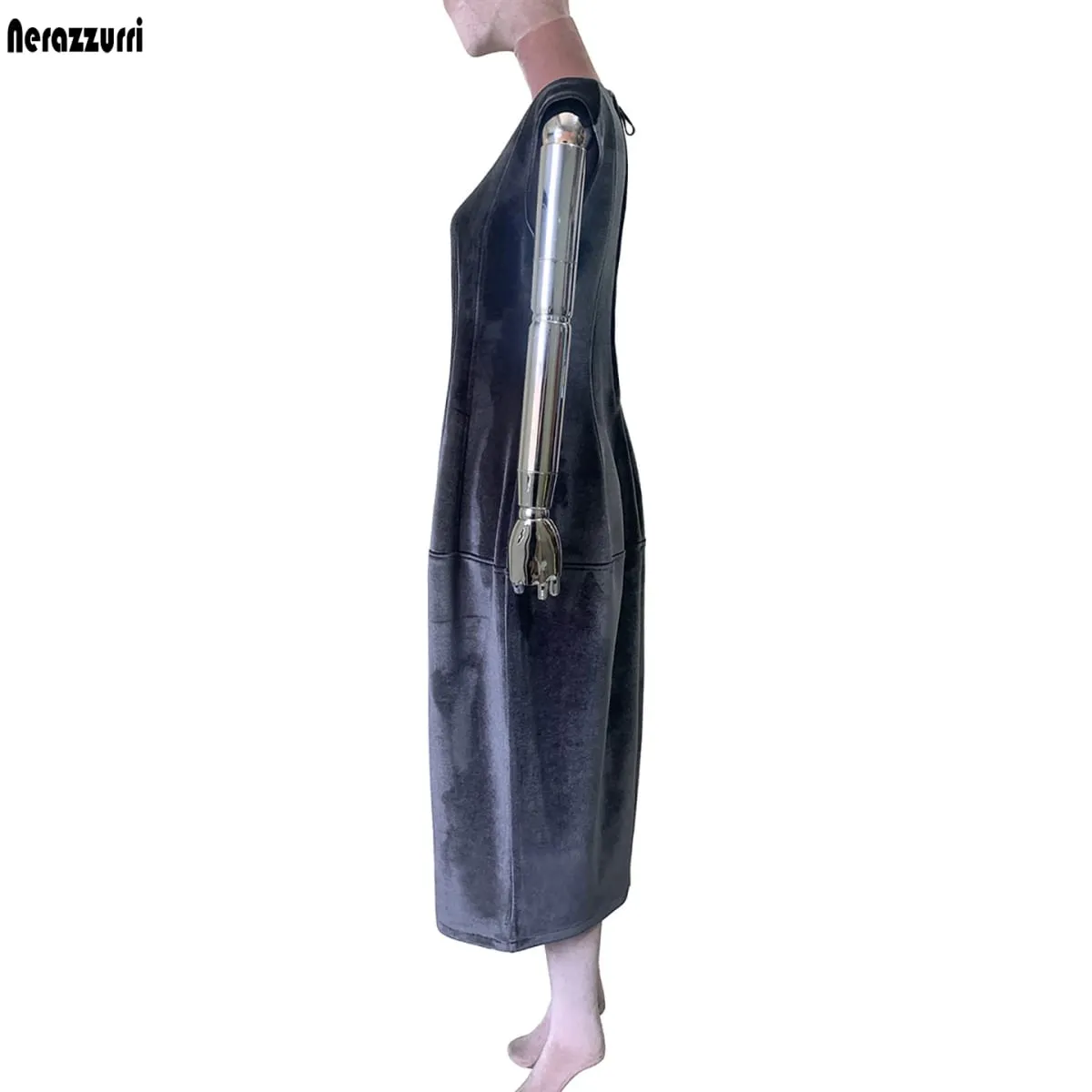 Nerazzurri Summer Autumn Long Luxury Elegant Luxury Fitted Dark Gray Sleeveless Soft Velvet Modest Dresses for Woman High Waist — image 4