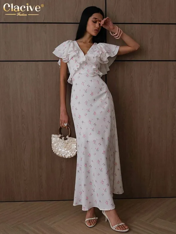 Clacive Sexy Loose Print Women's Dress 2026 Summer V-Neck Short Sleeve Ankle Length Dresses Elegant Classic Ruffles Female Dress