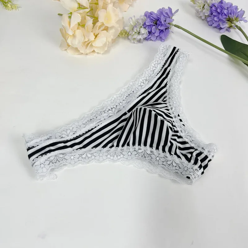 Men Lace Trim Striped G-string Underwear Half-covered Butt Low-rise Pantie Thong Half Hip Men Briefs Mens Sexy Underwear — image 14