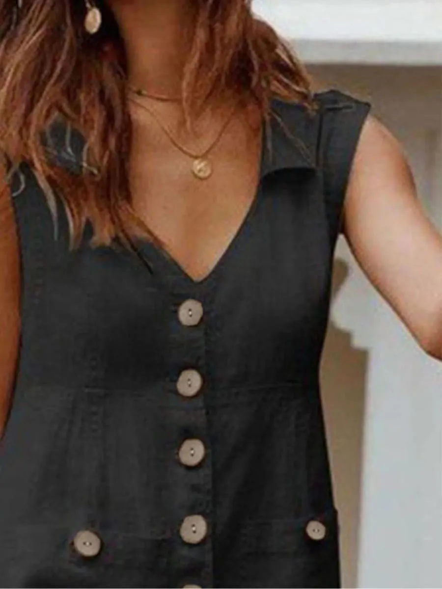Women's dress summer new fashion V-neck single breasted buckle buckle dress pocket design sense skirt — image 5