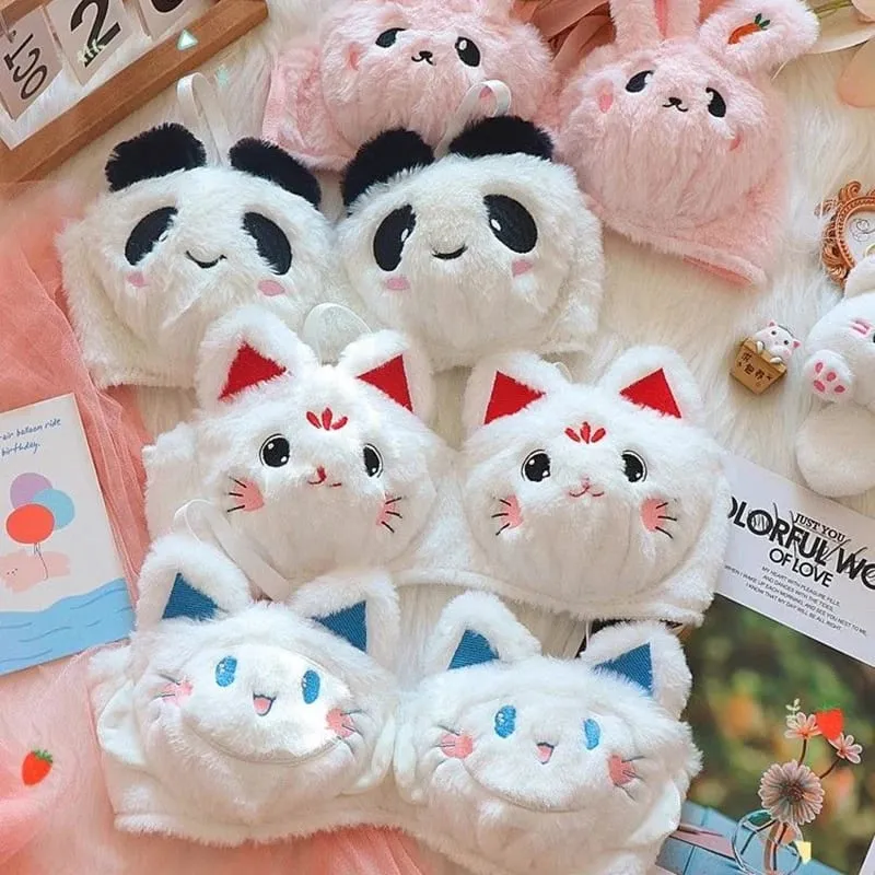 Cute Cartoon Furry Cat Ears Lingerie Bras Underpants Underwear Two Piece Sets Sweet Warm Winter Plush Underwear Set New — image 4