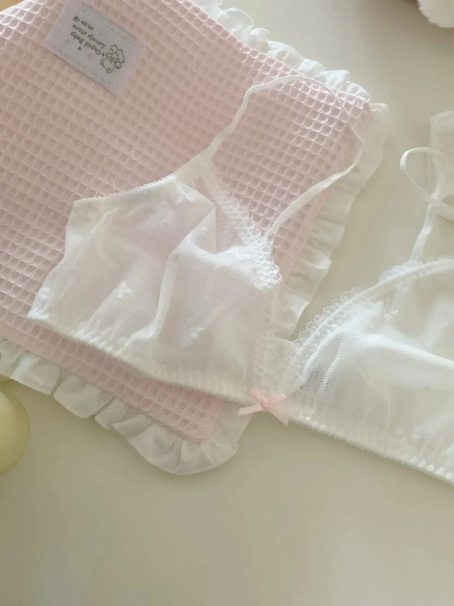 Lace Bow Detail Lingerie Sweet and Girlish 100% Cotton Breathable Comfort Underwear Small Bust Bra Set Wire-Free Bras — image 2